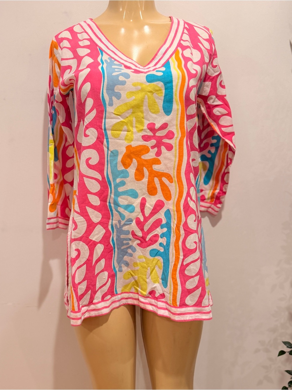 Gretchen Scott Abstract Print Tunic Top Sz S Small Cotton Coverup Preppy Beach